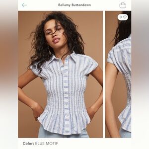 Anthropologie Maeve Bellamy Blue Smocked Peplum Button Down Shirt